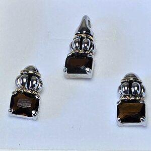 Etruscan Style Chocolate Brown Topaz with Silver and Gold Earring and Pendant